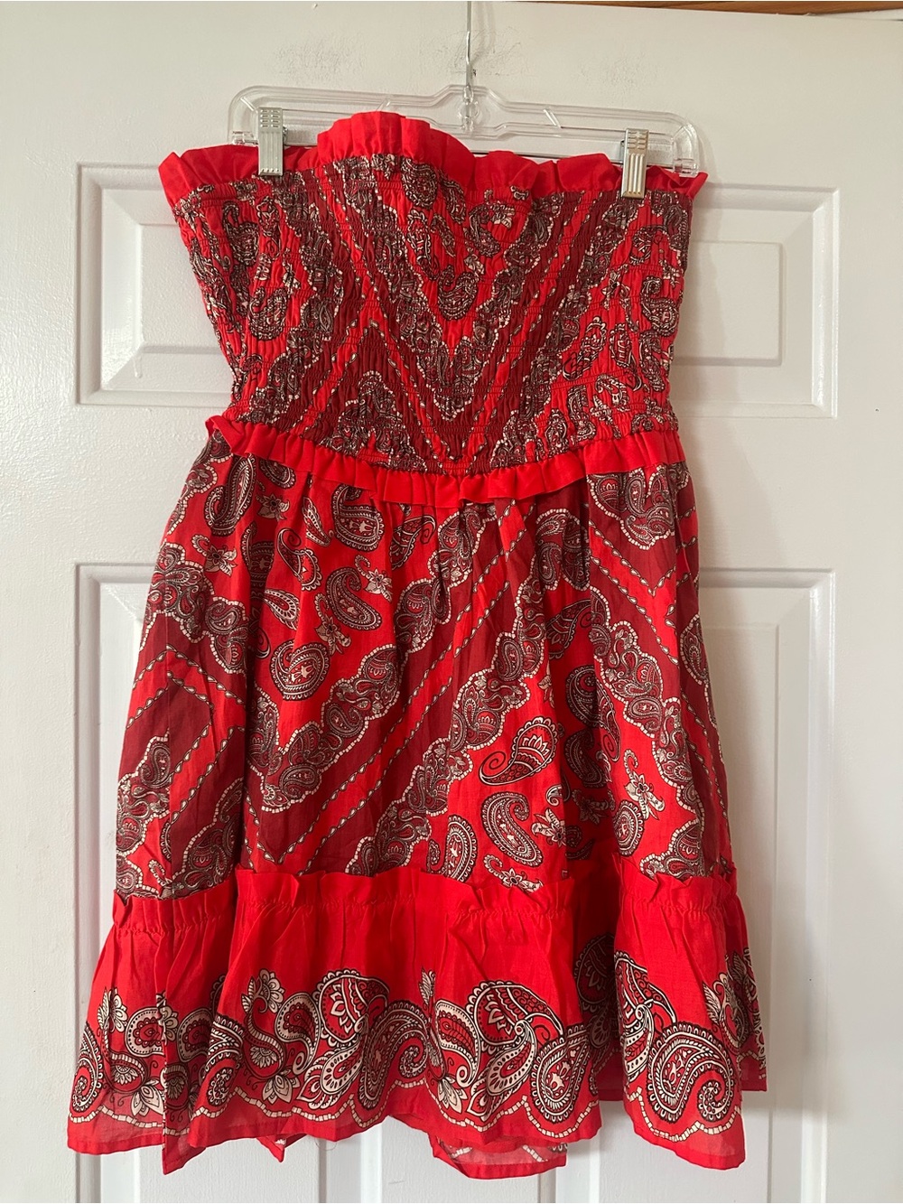 VENUS Red Paisley Strapless Sundress tie back smocked large - Picture 4 of 12
